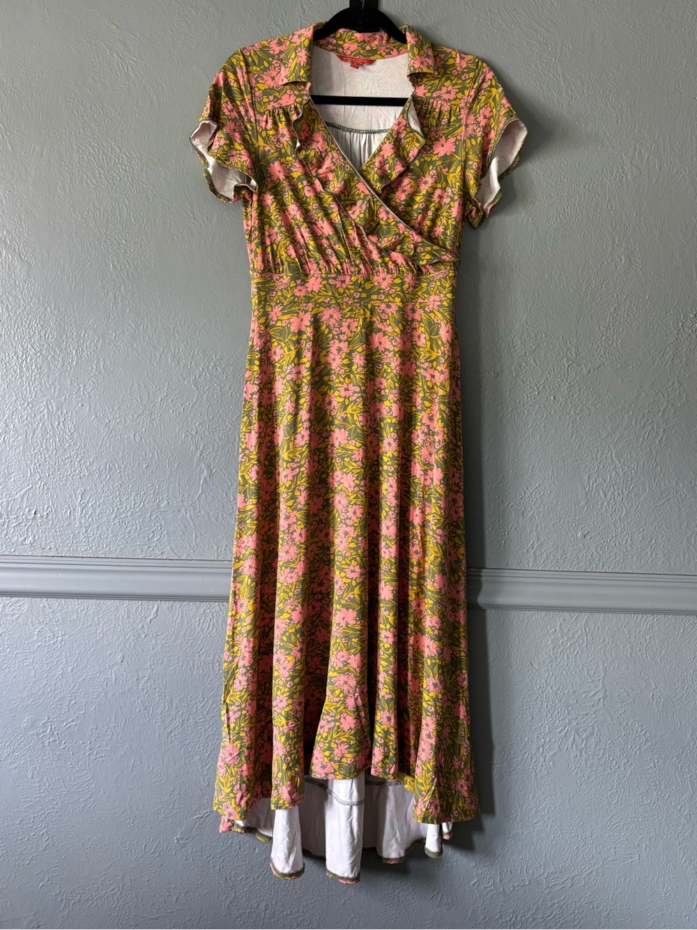 ModCloth Floral Wrap Midi Dress Pink Green Rayon Blend Size M